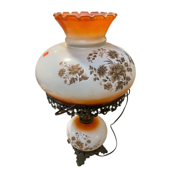 Vintage Orange & White Hurricane Lamp with/Floral Motif (22x11)