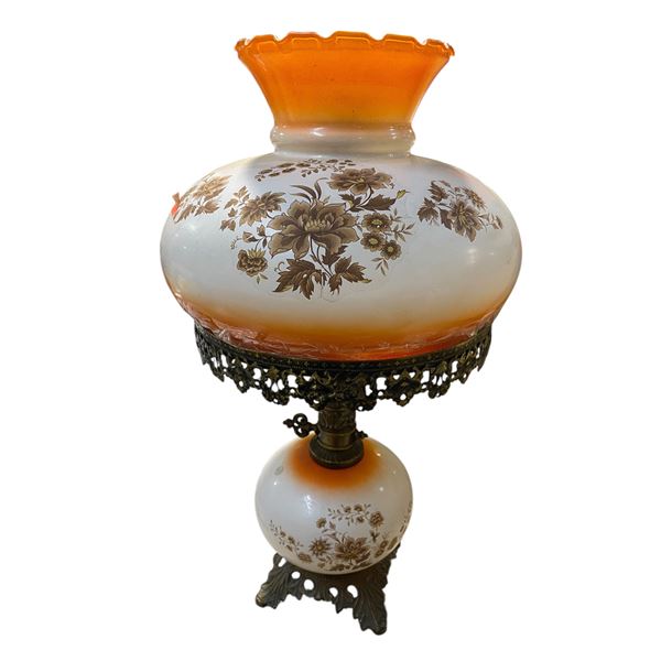 Vintage Orange & White Hurricane Lamp with/Floral Motif (22x11)