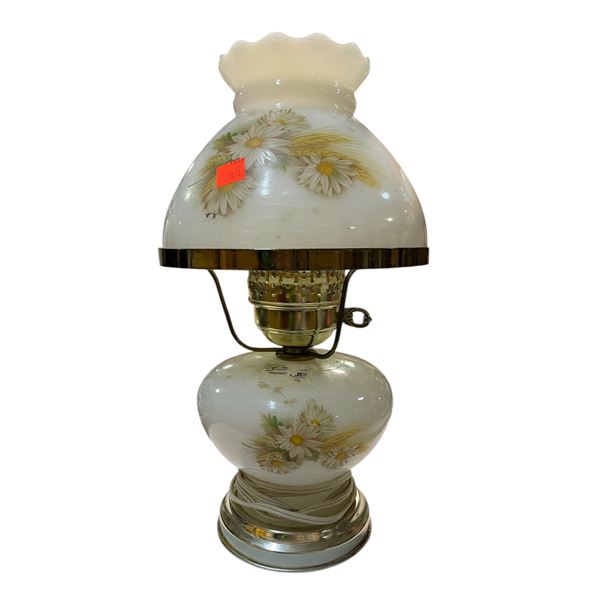 Vintage Milk Glass Hurricane Lamp with/Floral Motif