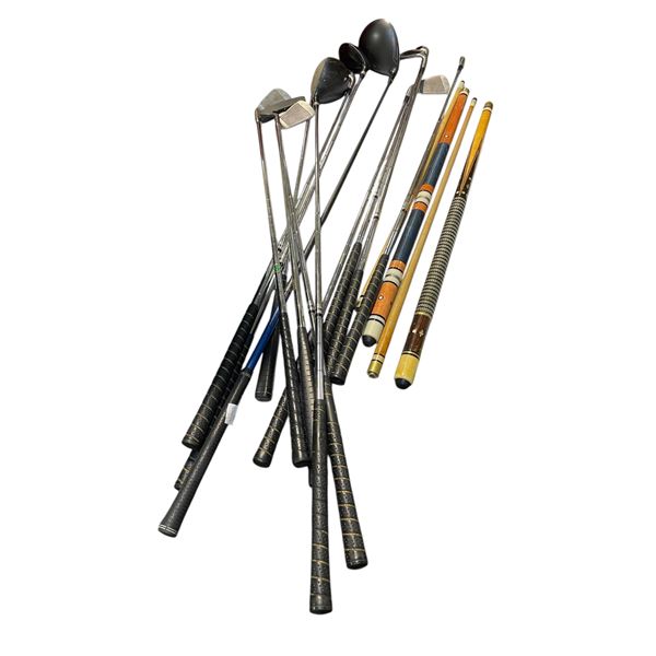 Assorted Golf Clubs & 2 Pool Cues