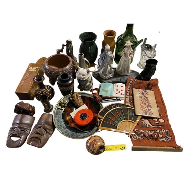 Assorted Home Decor, Vases, Matchstick Wall Holder, Art Glass Copy, Playing Cards & Etc.