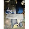 Image 2 : Group of Misc - Luggage Bag, Cloths, Box of Misc Cables, 4 Tier Tension Shower Caddie, Pillows, & Be