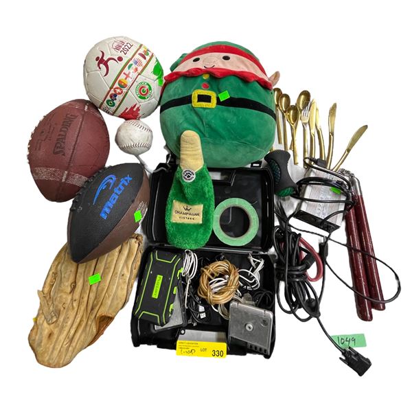 Group of Misc - Footballs, Baseball Glove, Baseball, Nunchucks, Assorted Scales, Cutlery, Etc.
