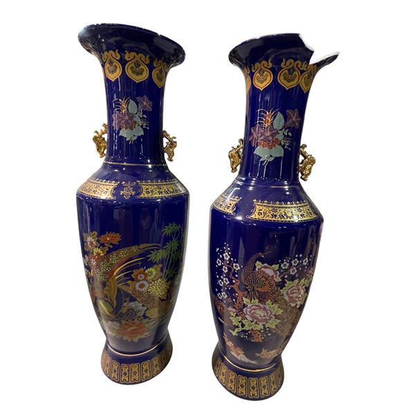 2 Blue Peacock Porcelain Theme Vases (1 Chipped 24x8)
