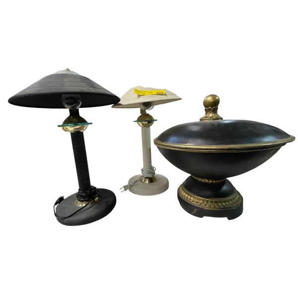 2 Mushroom Top Table Lamps & Lidded Velvet Lined Centerpiece Bowl (Highest 18x11)