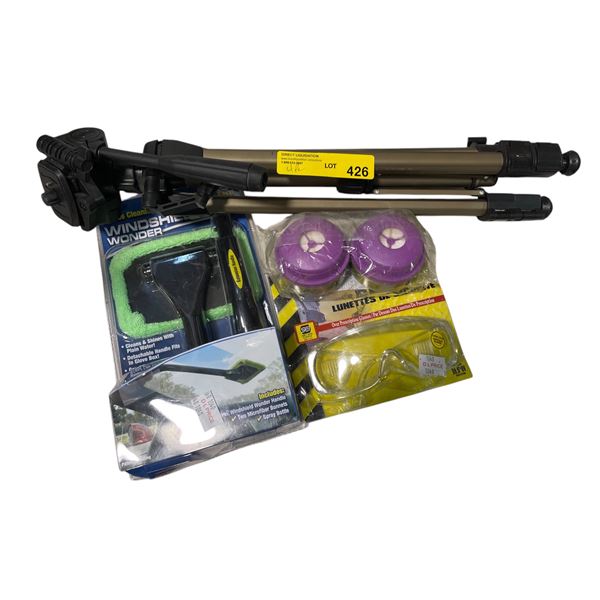 Dynex Tripod, Windshield Wonder, Safety Glasses & Honeywell Mask Filters