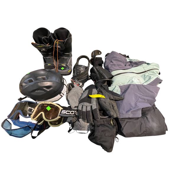 Assorted Winter Sport Equipment - Helmet, Bindings, Boots, Jacket & Gloves