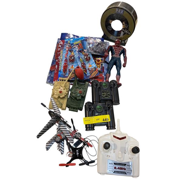 Assorted Toys - Helicopters, Elvis PEZ, Tanks, Mini Drone, Etc.