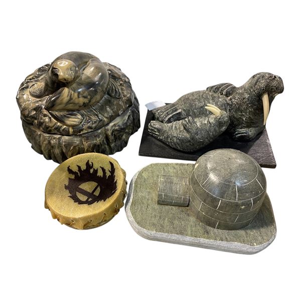 4 Pce Collectable Inuit Pce's - Soap Stone Carving, Rawhide Drum, Lidded Container