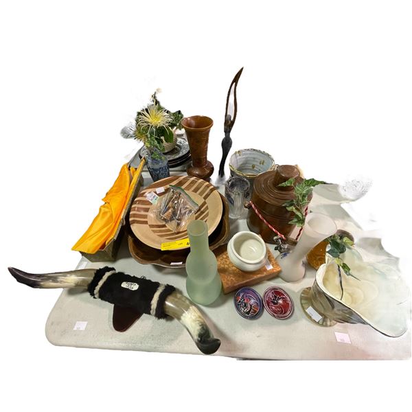 Assorted Home Goods & Collectible - Bull Horns, Centerpieces Bowl, Vases, Beverage Dispenser, Etc.