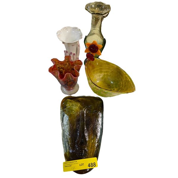4 Pce Handmade Art Glass & Vintage Lefton Hand Painted Porcelain Vase