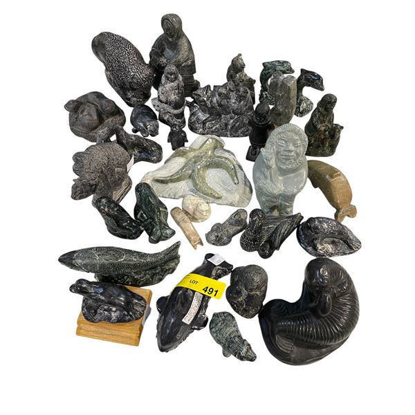 Large Collection of Wolf Sculptures, Inuit Art & Soapstone Carvings