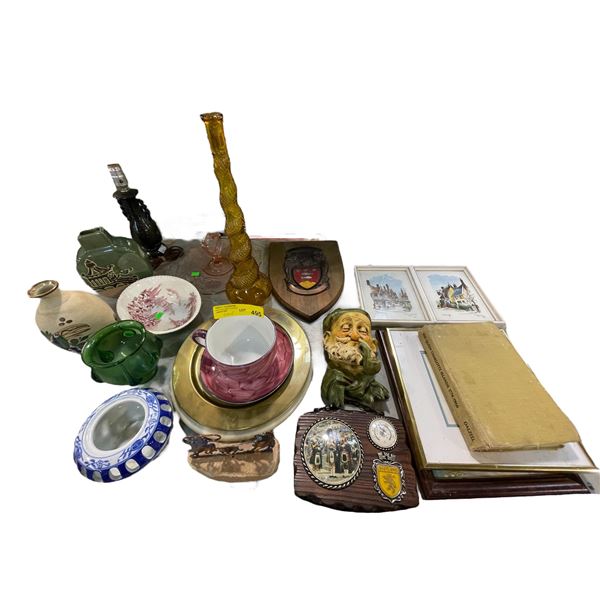 Assorted Collectables - Devon Ware Bust, Oversized Cup & Saucer, Crested Knight Plaque, Art Glass & 