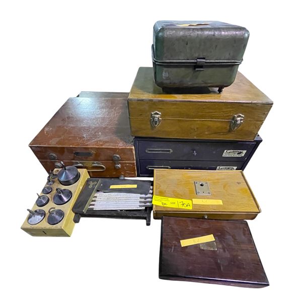8 Pces of Vintage Collectables - Desk Organizer, Measuring Tools, Scale Weights, Etc.