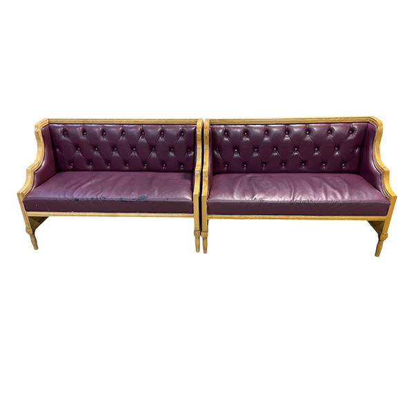 Set of 2 purple upholstered leather sofas - small two arm sofa (approx 51in x 24in x 36in H)