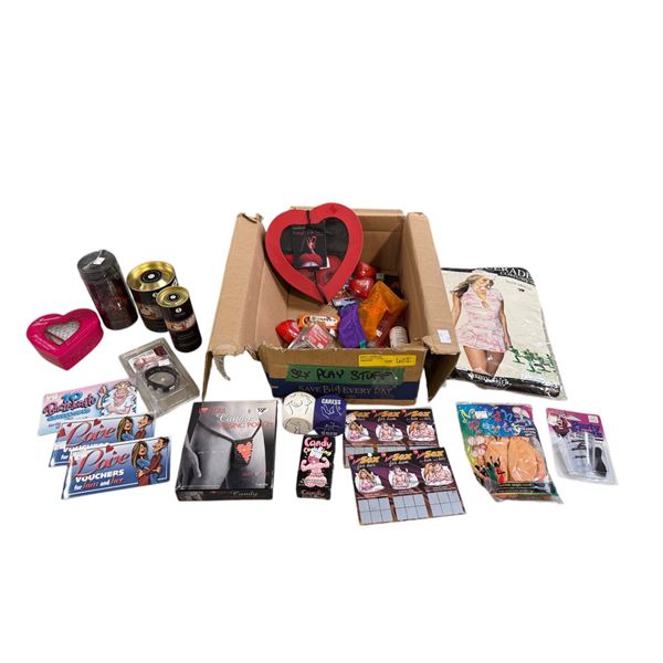 Box of Assorted Adult Toys - Sensual Body Powder, Costumes, Tightening Cream, Etc.