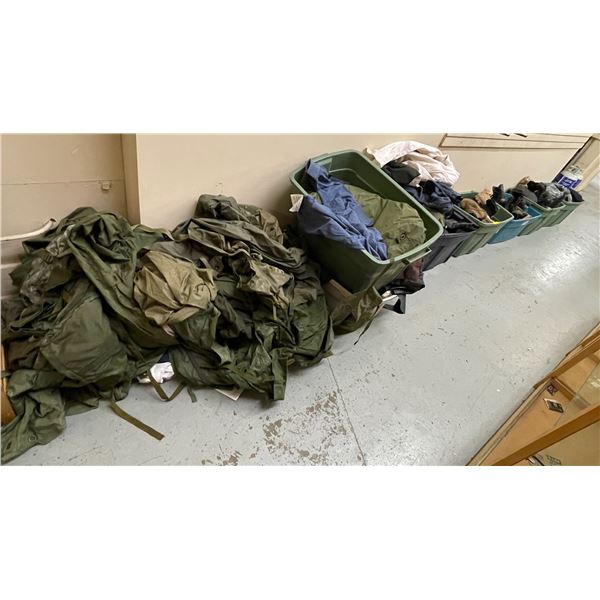 Large group of assorted Millitary items - includes Millitary boots / tarps / clothing / army berets 