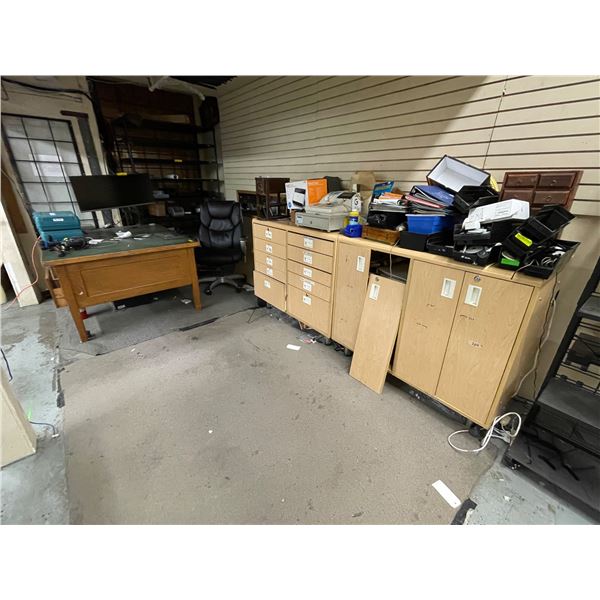 Large group of misc - includes 2 office supplies cabinet (approx 47in x 25in x 40in H) office chair 