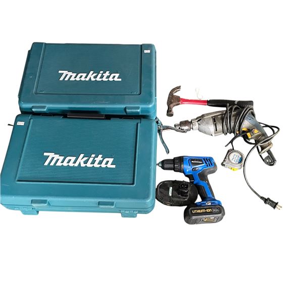 Group of assorted tools & 2 empty Makita drill boxes - includes Mastercraft drill (not tested) & Mas