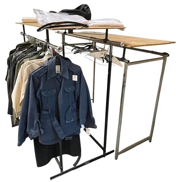 Group of assorted Millitary jackets / coats (approx 35 pcs) w/ clothing rack shelving (approx 60in x
