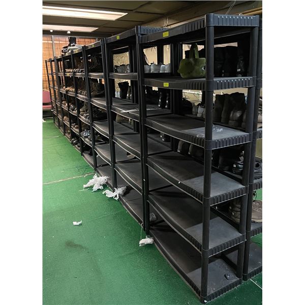 Group of 8 heavy duty 5-6 tier plastic shelving units (approx 34in x 14in x 70in H)