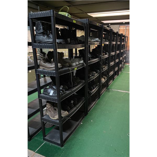 Group of 8 heavy duty 5-6 tier plastic shelving units (approx 34in x 14in x 70in H)
