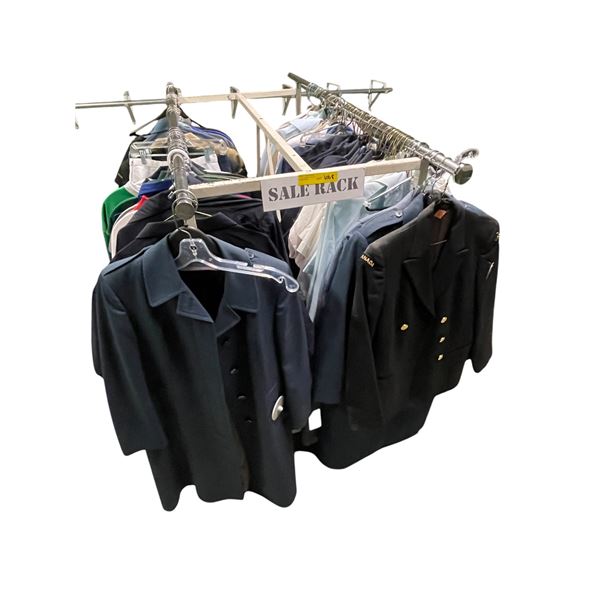 Rack full of millitary coats & assorted clothing (approx 80 pcs) Rack included