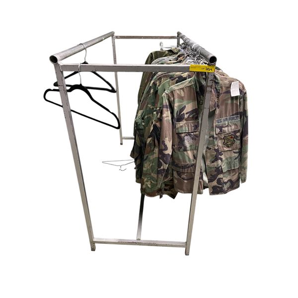 Rack full of millitary coats & assorted clothing (approx 40 pcs) Rack included