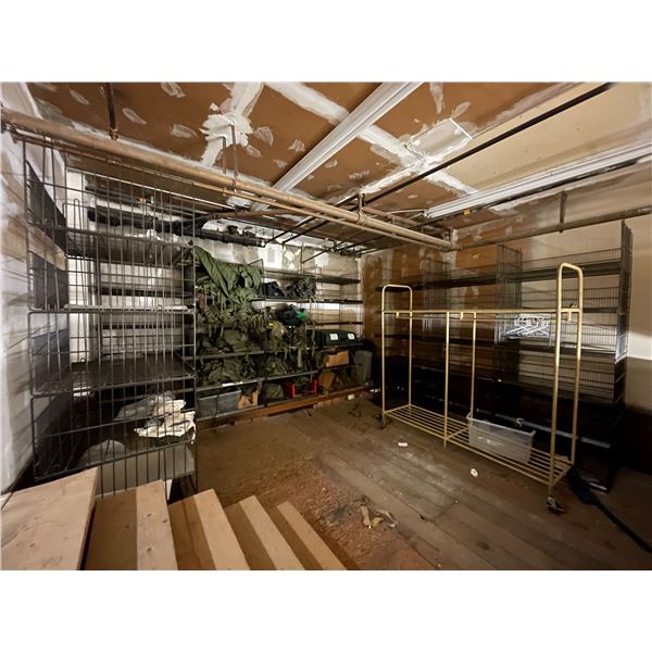 Room full of 6-tier metal shelving display units (approx 36in x 27in x 92in H) approx 8 shelving uni