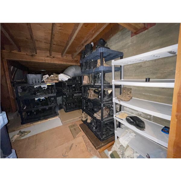 Shelving units full of assorted millitary boots & misc items (plastic shelving units included - appr