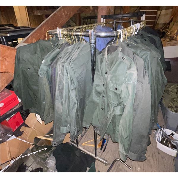 Large group of assorted millitary coats (approx 200-300pcs) Rack included