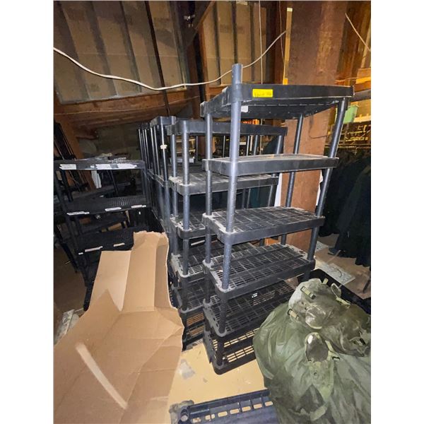 8 shelves of assorted plastic shelving units