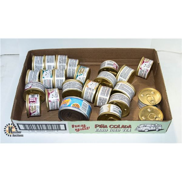 NEW BOX WITH OVER 20 CANS OF VARIOUS WET CAT FOOD