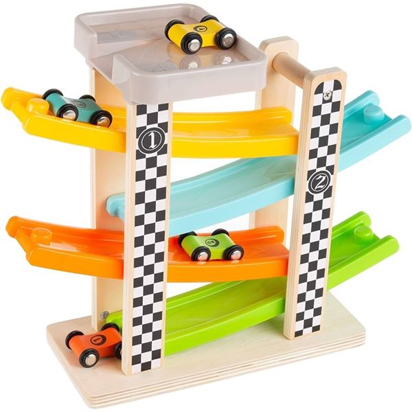 NEW HEY PLAY WOODEN CAR RAMP RACER 4 CARS
