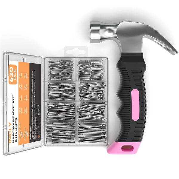 NEW 620 PIECE INCLY HARDWARE NAIL KIT & HAMMER