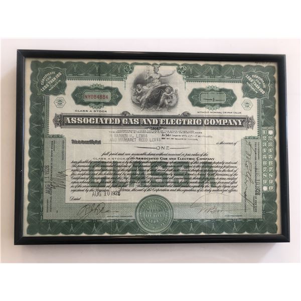 Framed Associated Gas And Electric Company Stock Certificate