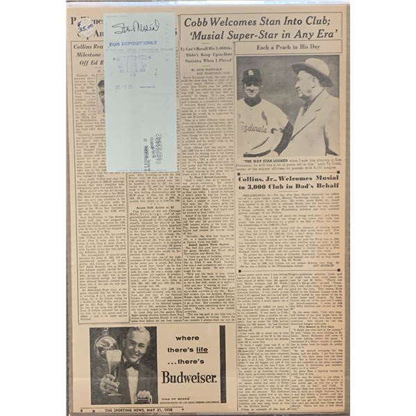Stan Musial signed check with vintage newspaper