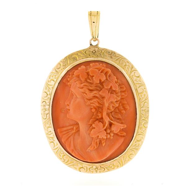 Vintage 14k Gold Bezel Oval Carved Coral Cameo w/ Hand Engraved Frame Pendant