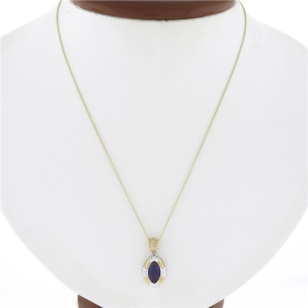 14K TT Gold 0.80 ctw Marquise Amethyst Solitaire w/ Fancy Frame Pendant & Chain