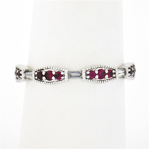 Unique 14k White Gold Round Ruby & Baguette Diamond Milgrain Stack Band Ring