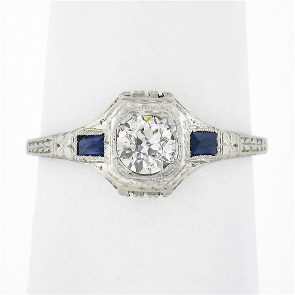 Antique Art Deco 18k Gold .37 ctw European Diamond & Sapphire Etched Filigree Ri