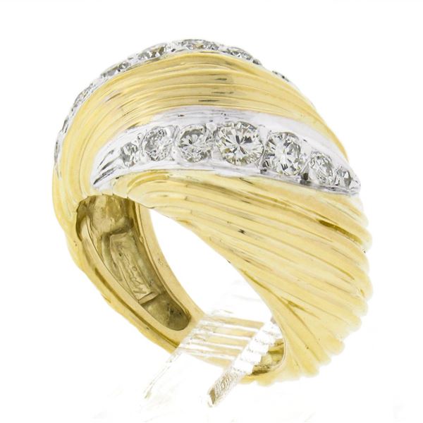 18k Yellow Gold 0.56 ctw Pave Set Round Diamond Textured Grooved Bombe Band Ring