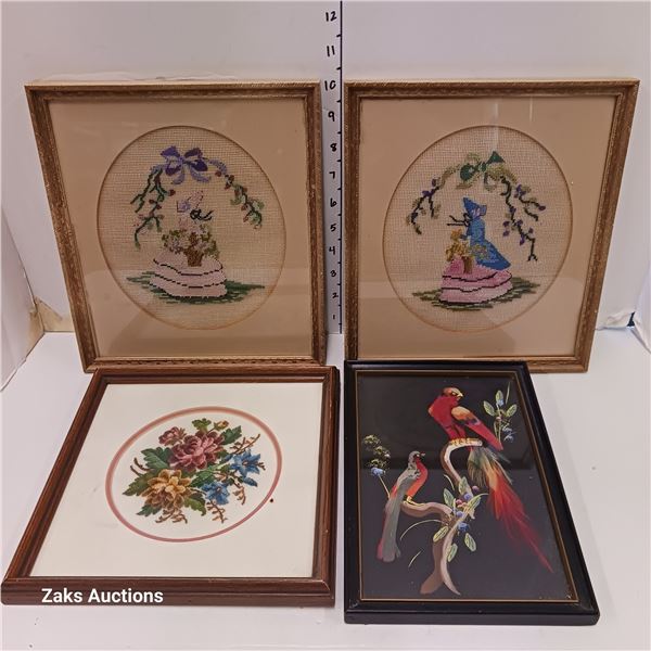 Lot of 4 Vintage Pictures 3x Petit Point 1x Mexican Feather Art