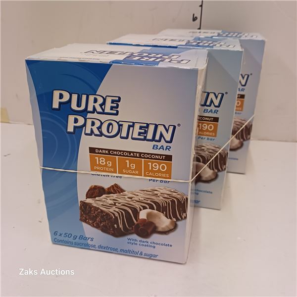 Lot of 3 Pure Protein Dark Chocolate Coconut Protein Bars 6 Bar/Box - BB 2024 AL 24
