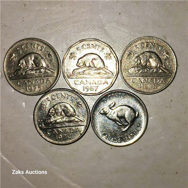 Lot of 5 Canada Nickels 5 Cent Pieces; 1975, 1957, 1992, 1974, 1967