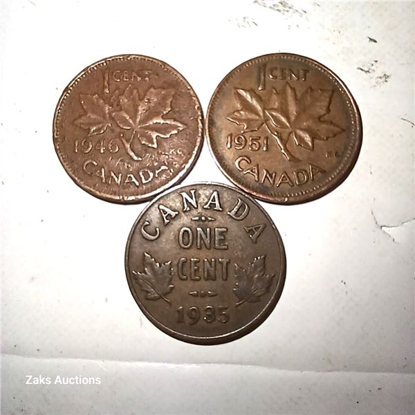 Lot of 3 Canada Pennies; 1946, 1951, 1935