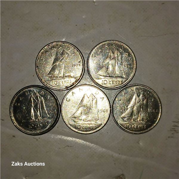 Lot of 5 Canada 10 Cent Dimes; 1973, 1969, 2002, 1968, 1968