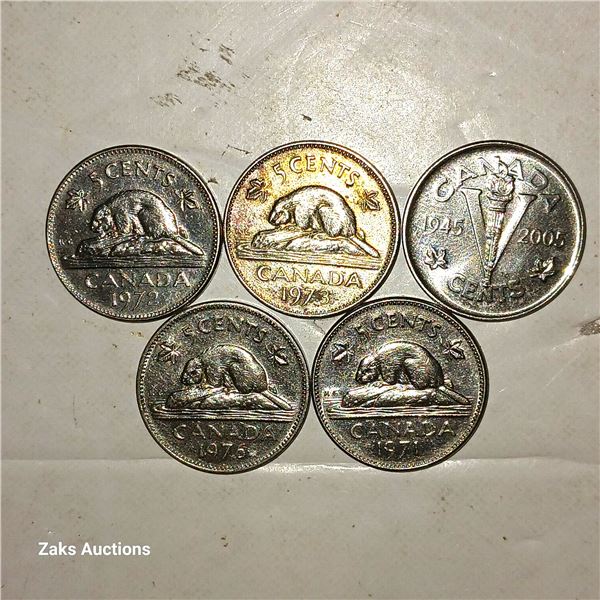 Lot of 5 Canada Nickels 5 Cent Pieces; 1972, 1973, 2005, 1976, 1971