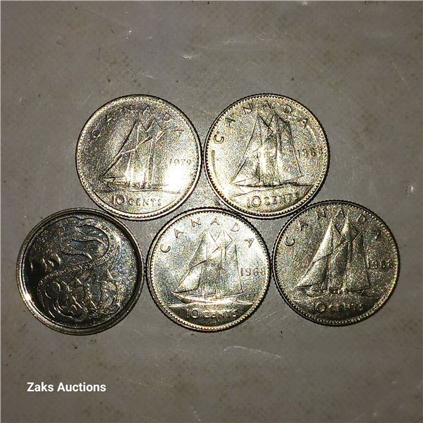 Lot of 5 Canada 10 Cent Dimes; 1979, 1968, 2001, 1968, 1968