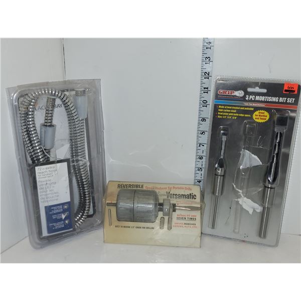 Estate Lot - Shower Reach Hose, Reversible Speed Reducer; Mortising Bit Set (1 missing)